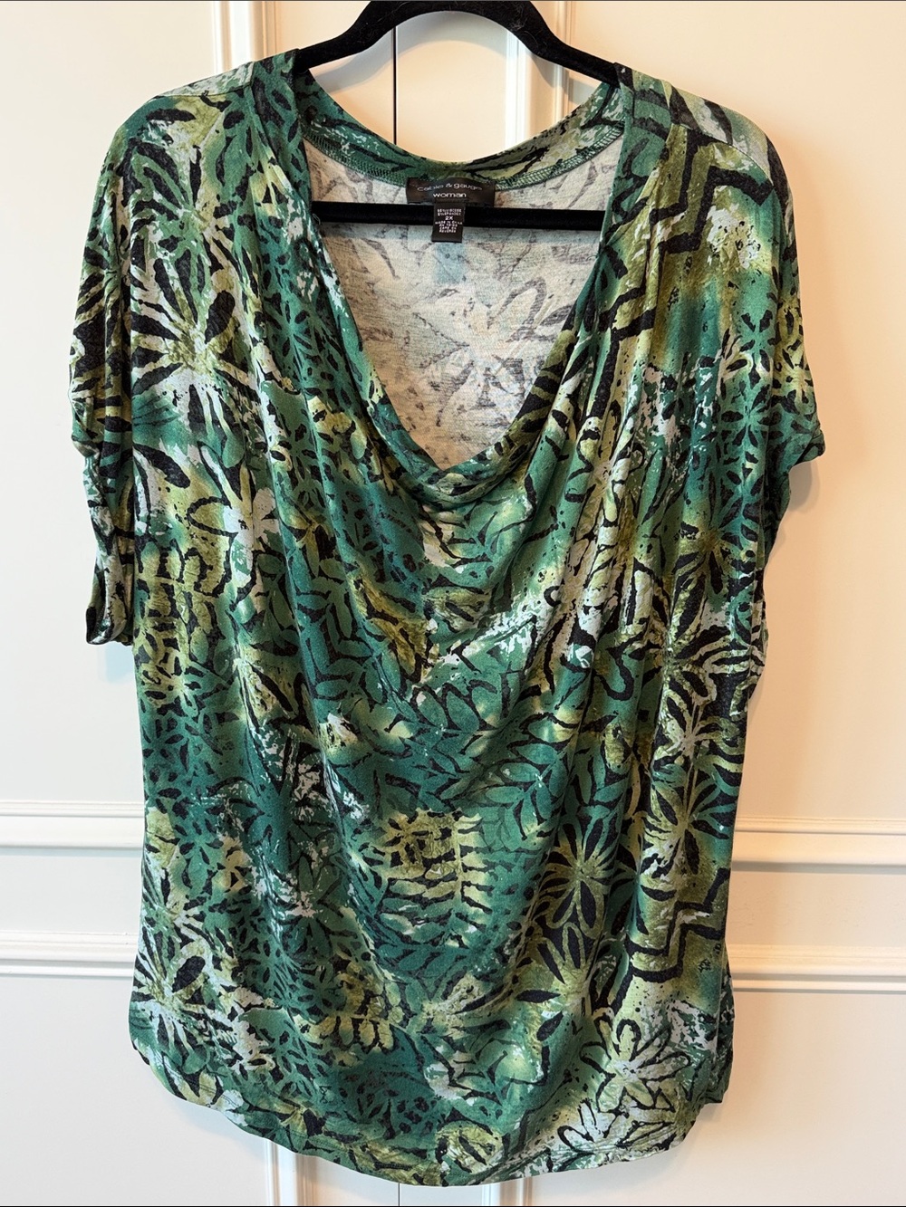 Cable & Gauge Green Printed Cowl Neck Short Sleeve Top